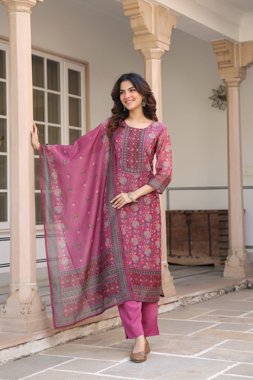 Women Ethnic Motifs Printed Regular Sequinned Chanderi Cotton Kurta with Trousers & With Dupatta