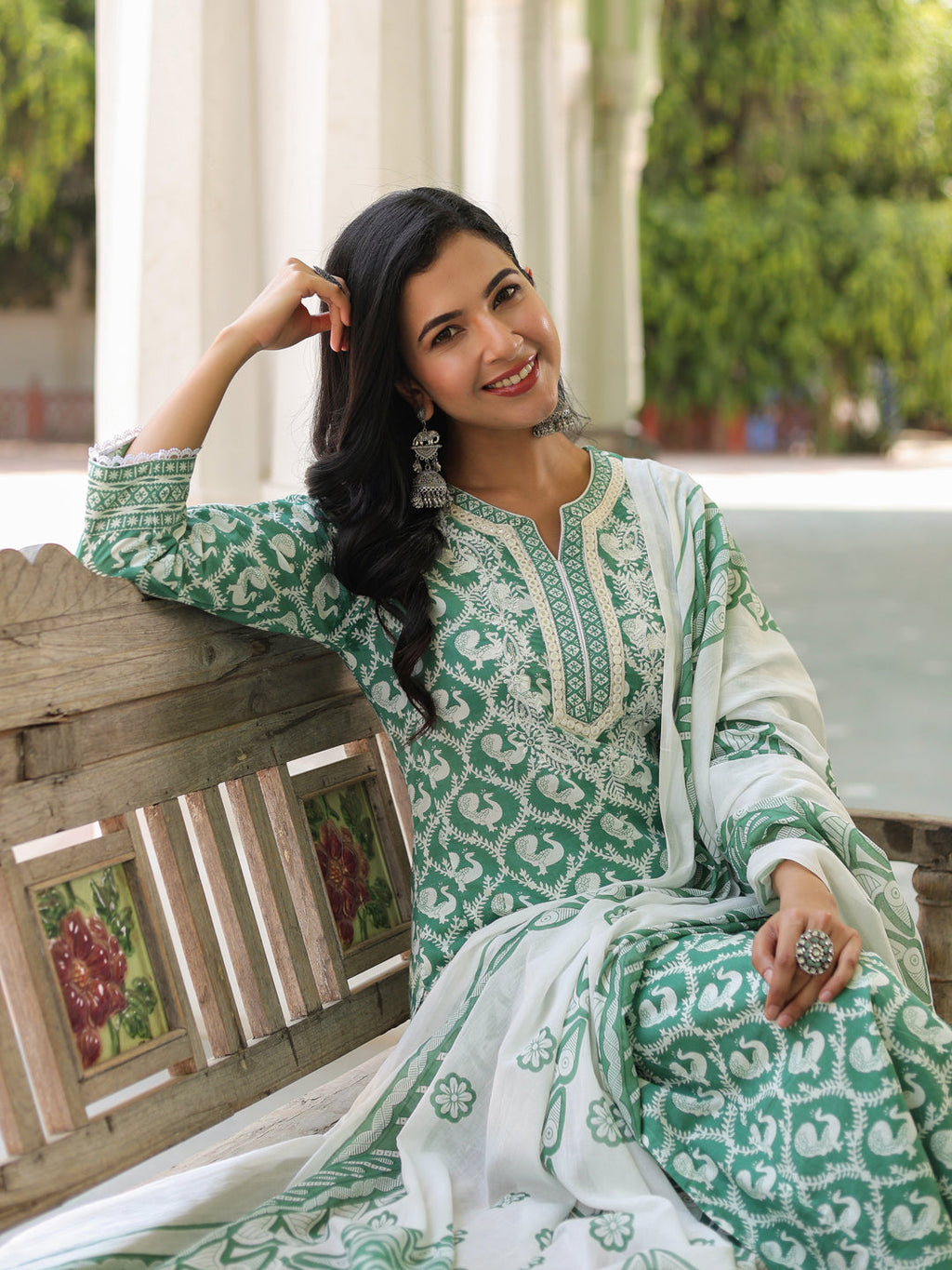 Women Printed Pure Cotton Kurta with Trousers & With Dupatta