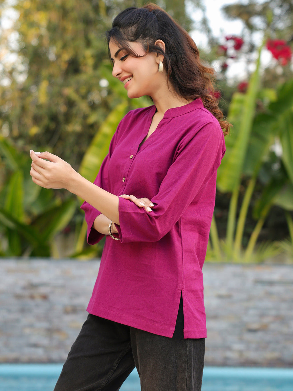 Women Mandarin Collar Cotton Regular Top