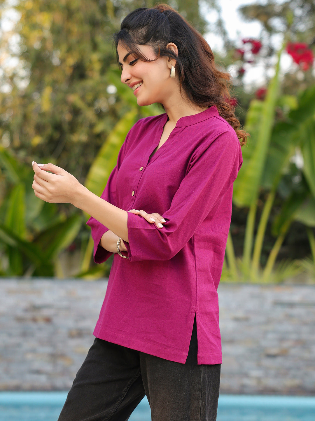 Women Mandarin Collar Cotton Regular Top