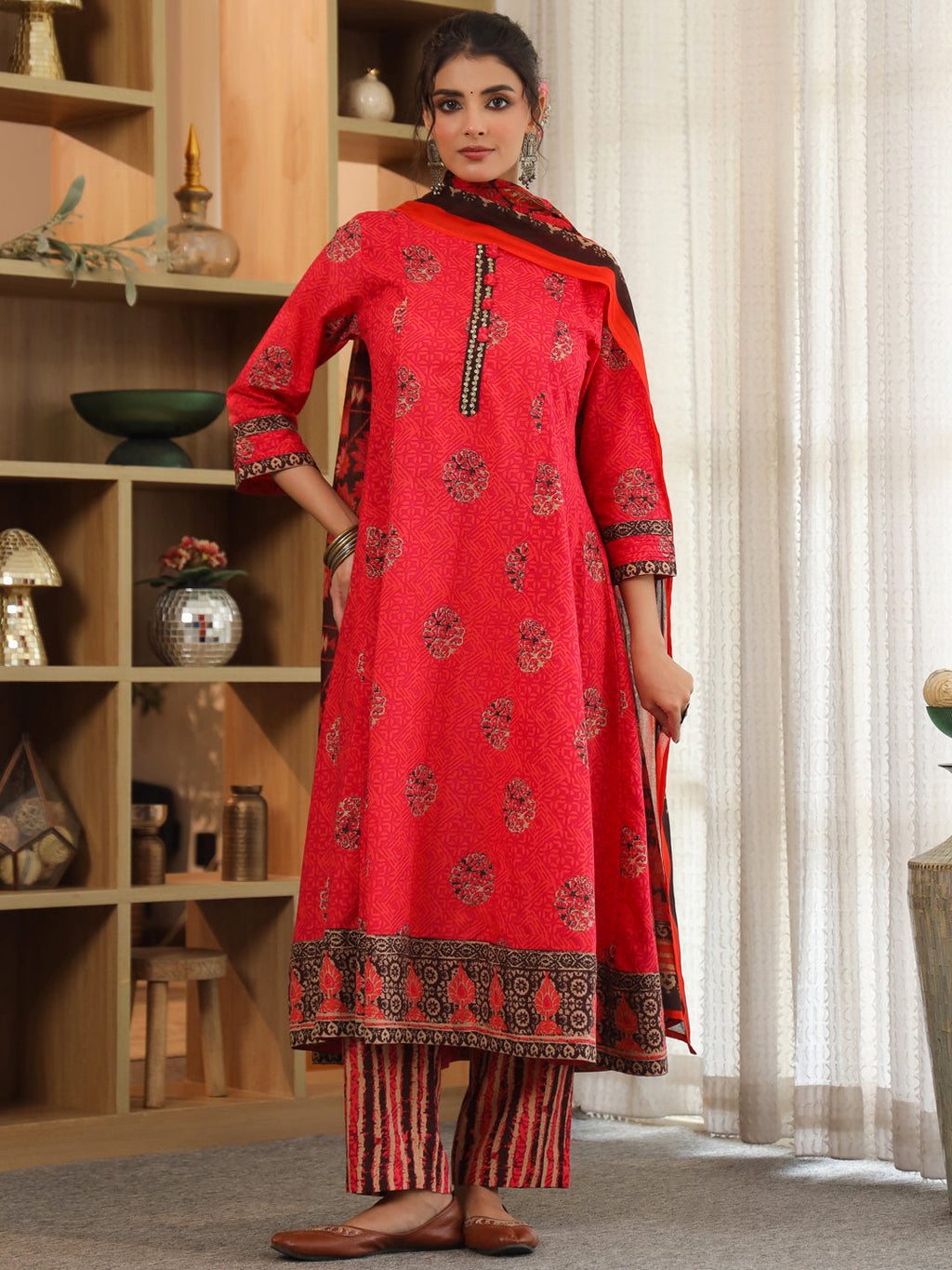 Women Ethnic Motifs Printed Regular Pure Cotton Kurta with Trousers & With Dupatta
