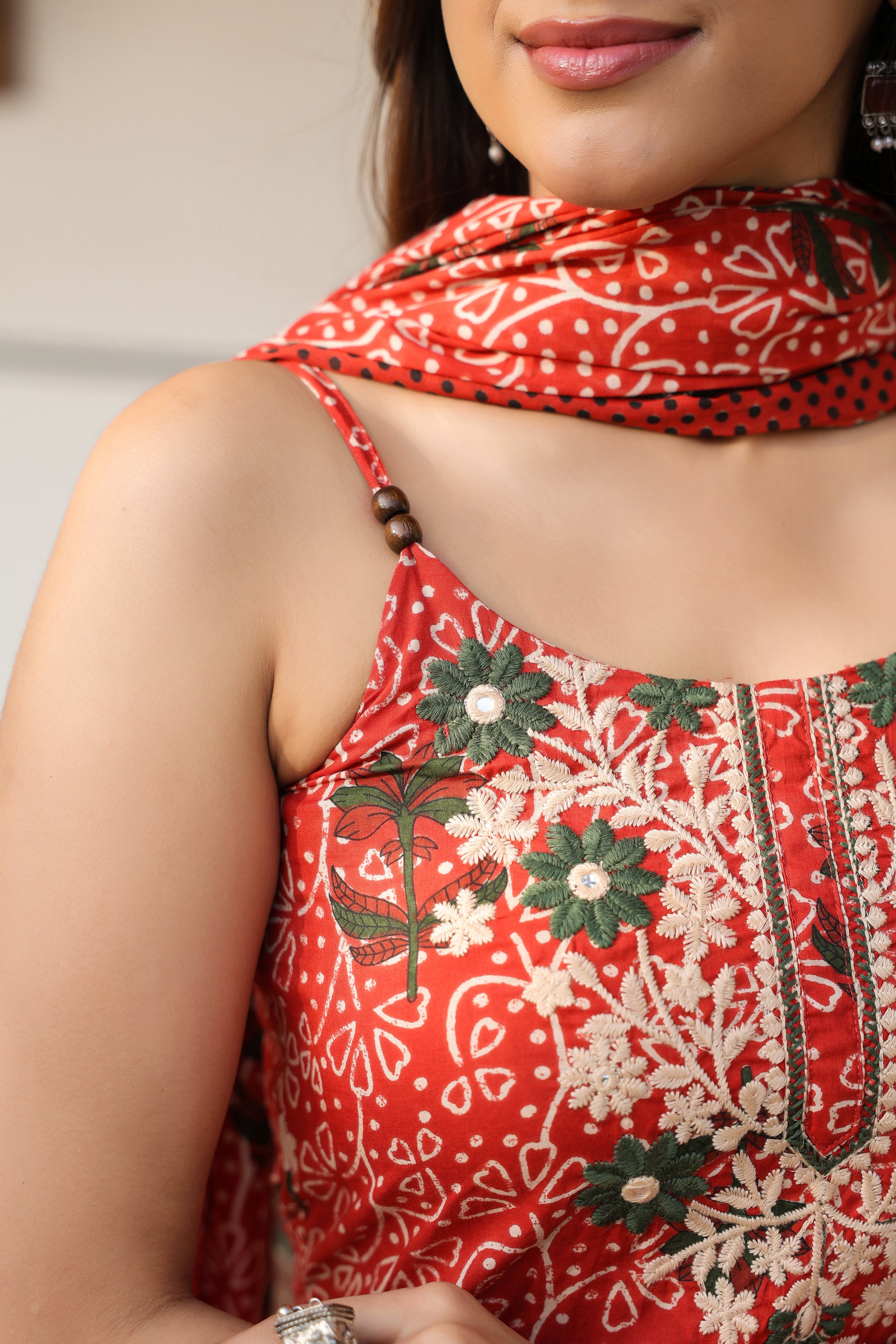 Women Ethnic Motifs Printed Regular Beads and Stones Pure Cotton Kurta with Trousers & With Dupatta