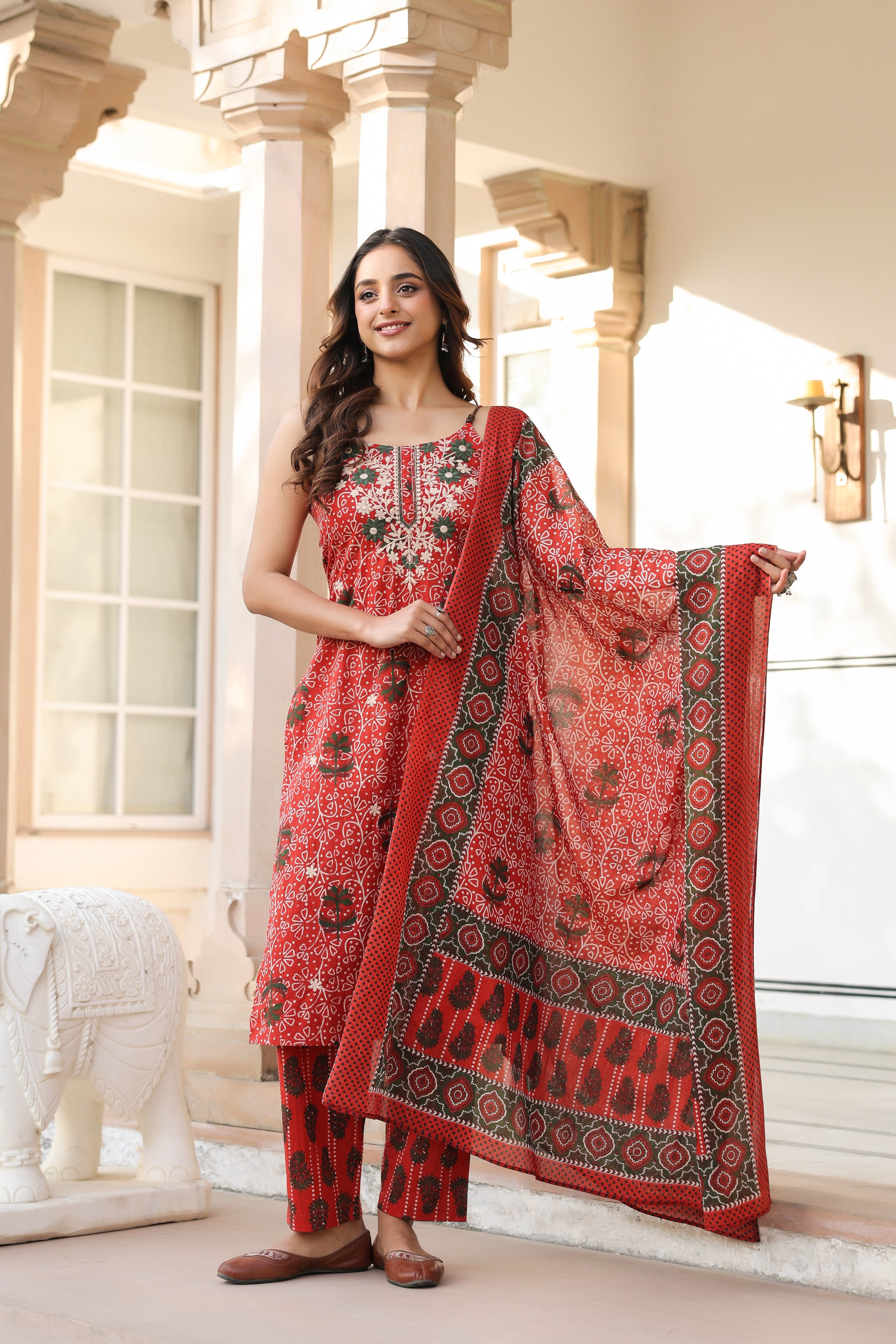 Women Ethnic Motifs Printed Regular Beads and Stones Pure Cotton Kurta with Trousers & With Dupatta