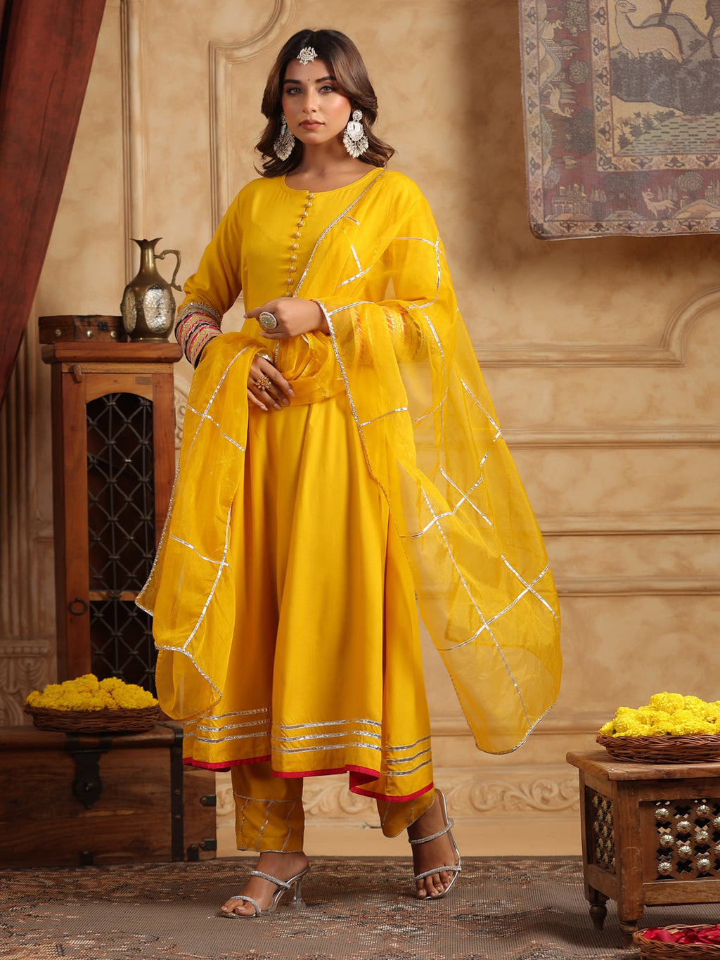 Mustard Gotta Patti Anarkali Kurta Set with Dupatta