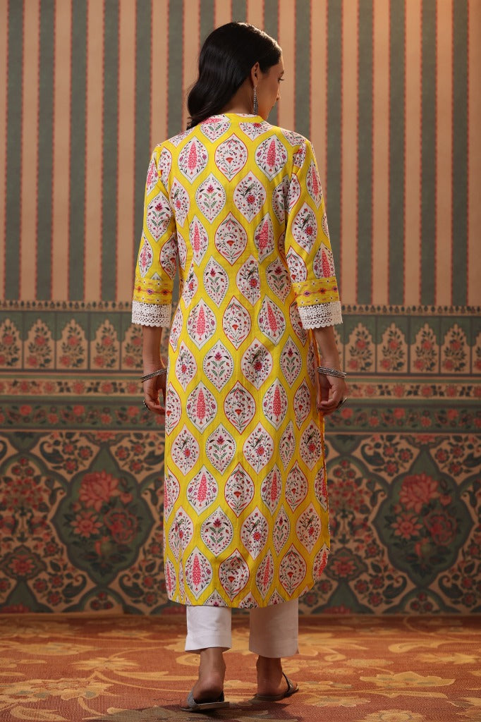 Women Yellow Ethnic Motifs Printed Cotton Straight Kurta