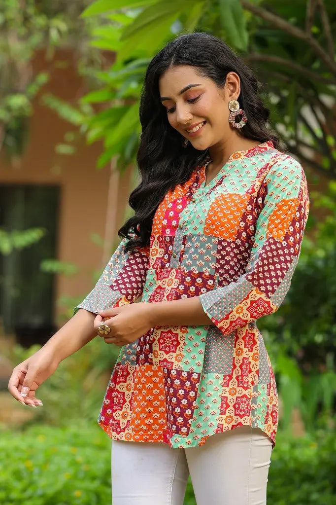 Women Multi-Color Red Patch Printed A-line Top