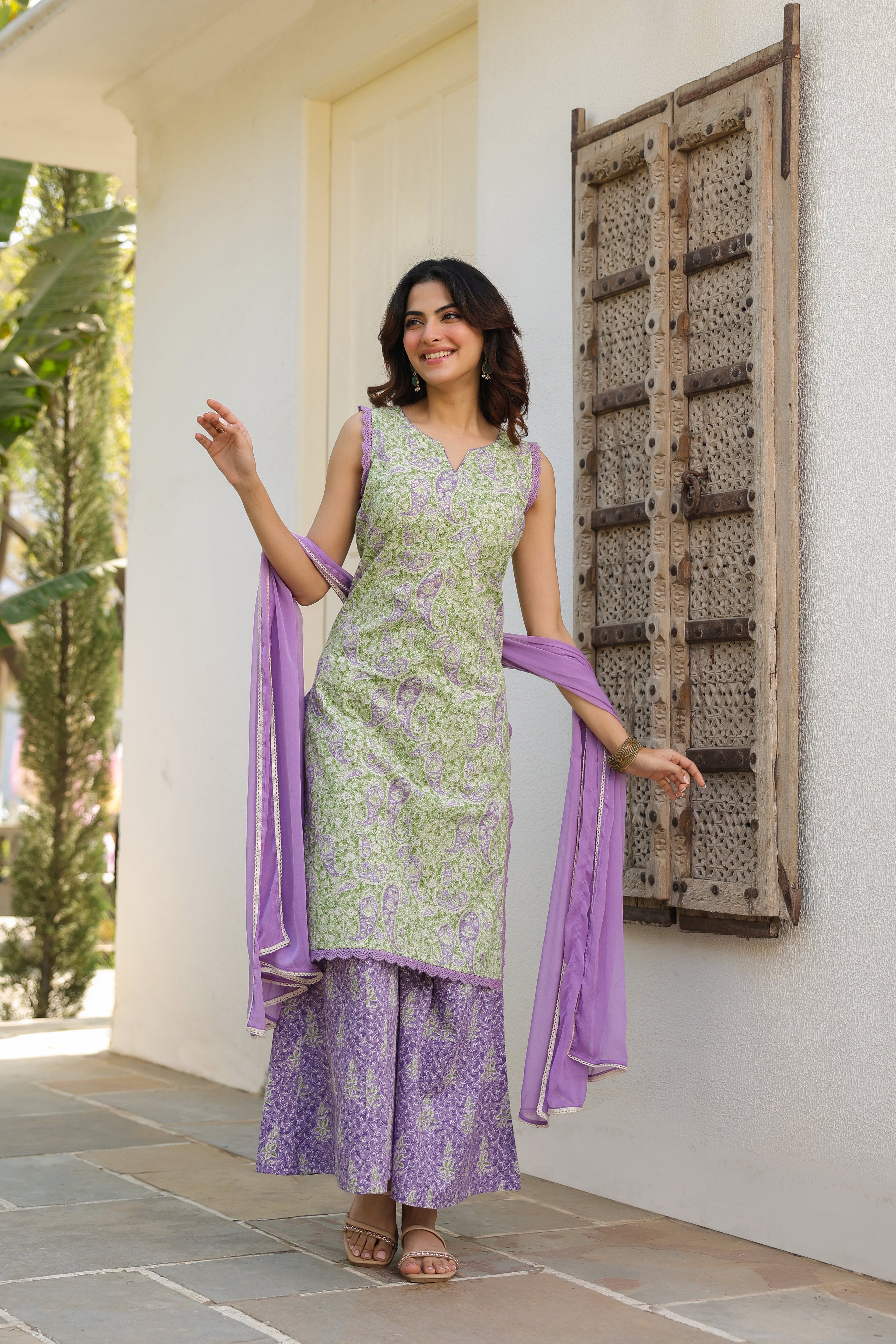 Ethnic Motifs Printed Pure Cotton Kurta with Palazzos & With Dupatta
