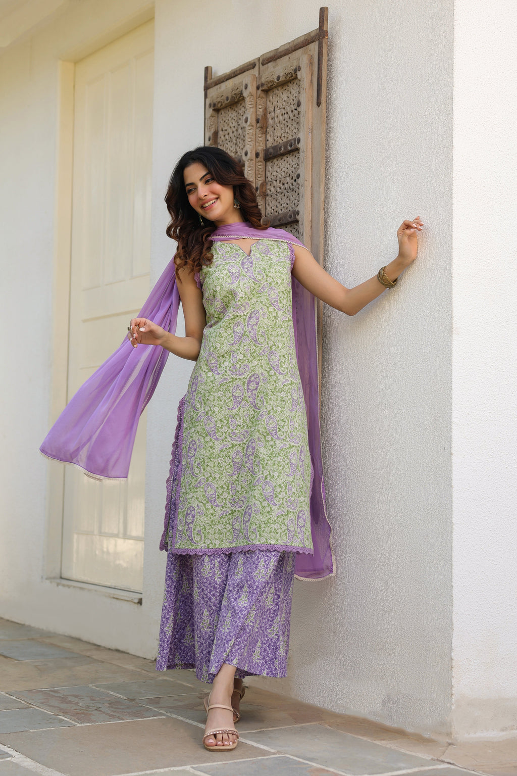 Ethnic Motifs Printed Pure Cotton Kurta with Palazzos & With Dupatta