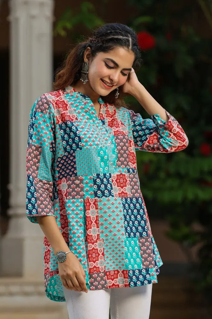 Women Blue Patch Printed A-line Top