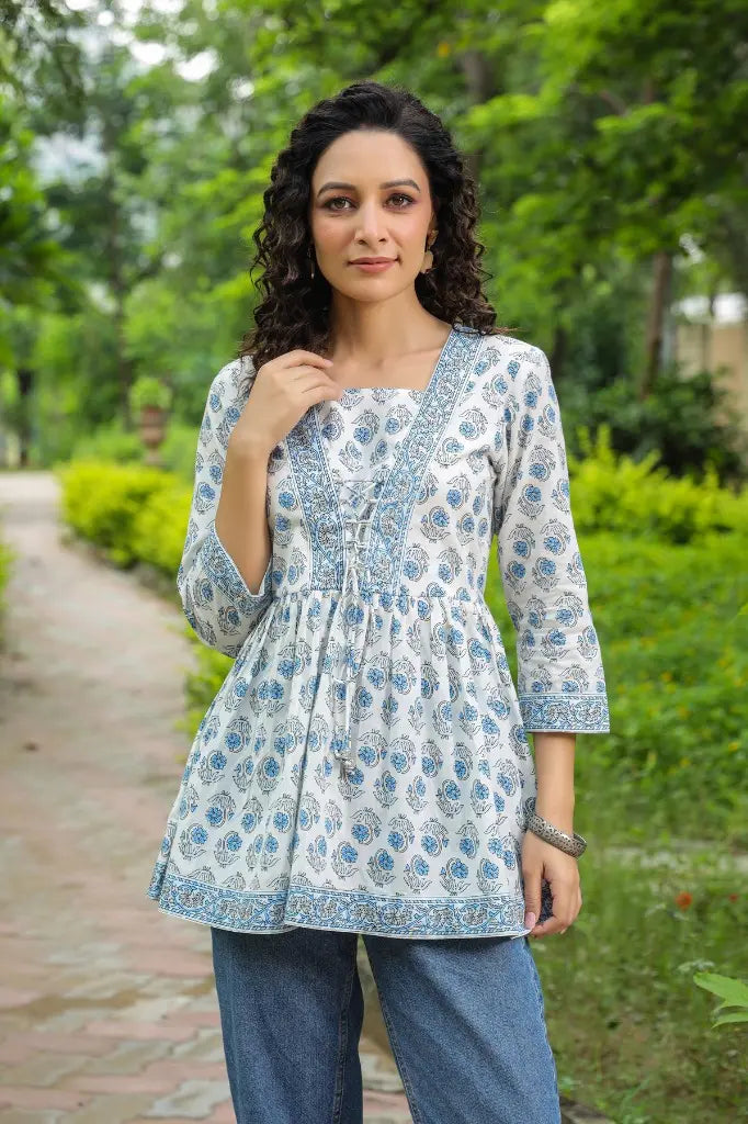Women Cream And Blue Floral Printed Pure Cotton A-Line Top