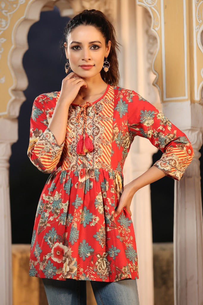 Women Red Floral Print Pure Cotton A Line Peplum Top