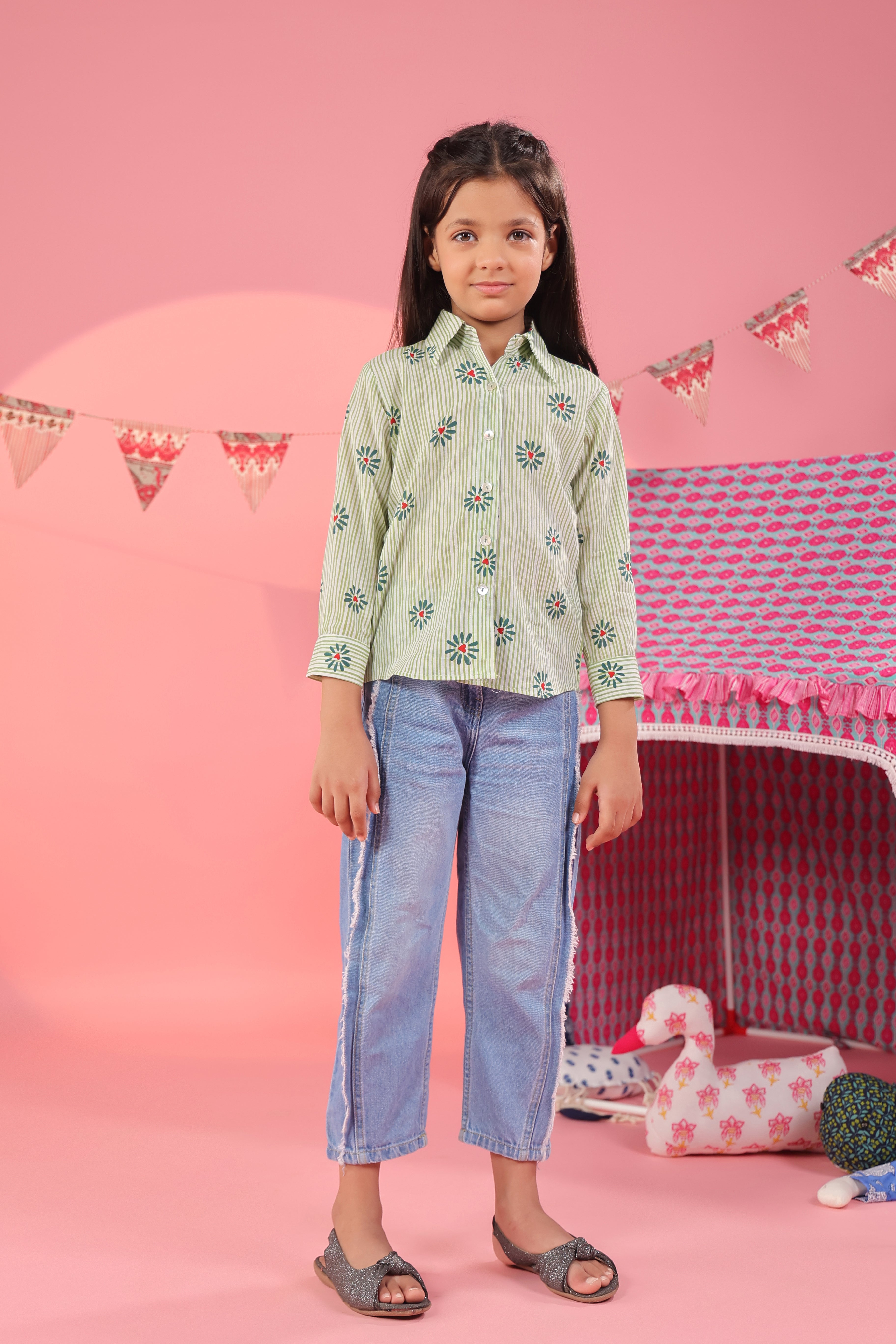 Girls Floral Printed Spread Collar Pure Cotton Shirt