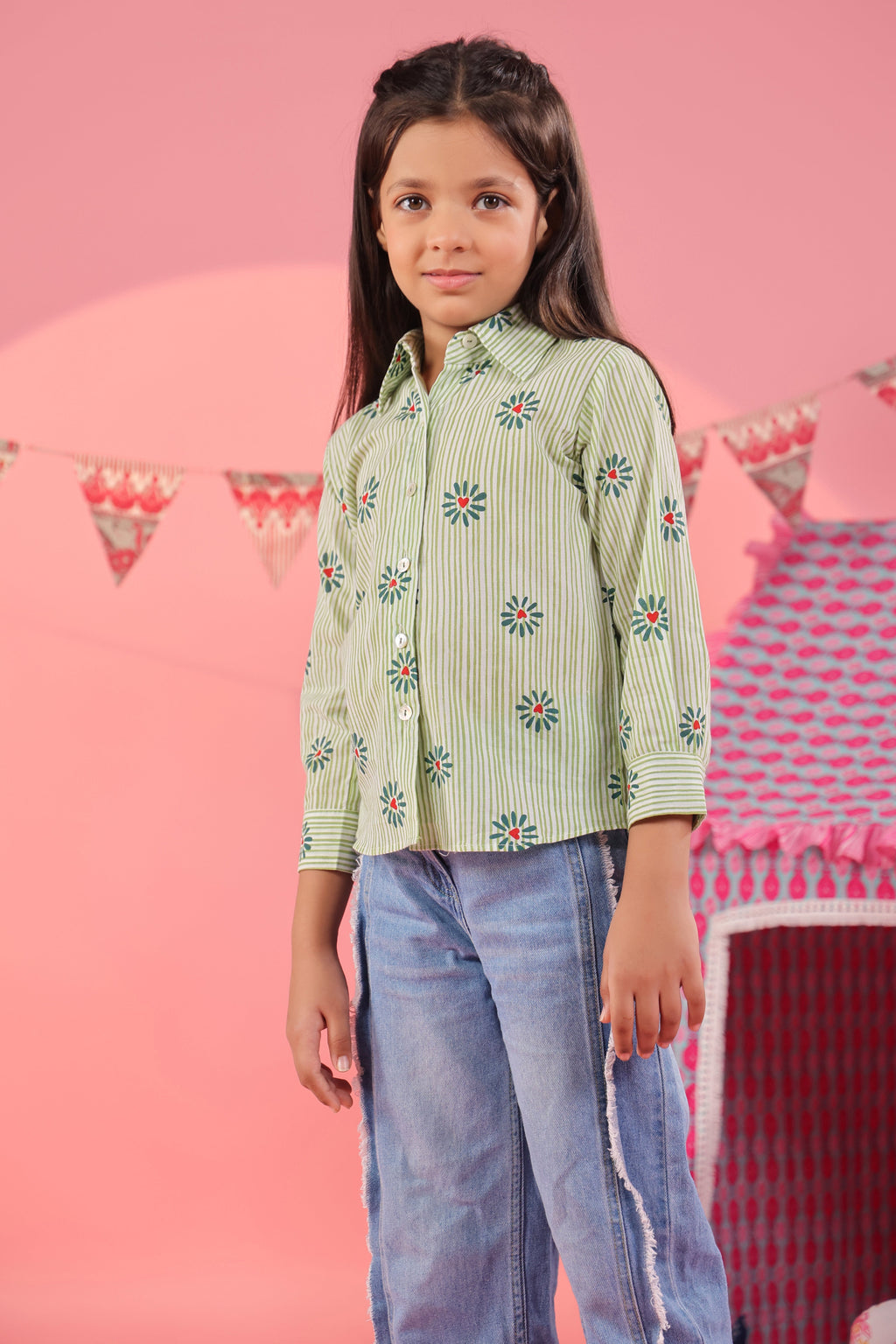Girls Floral Printed Spread Collar Pure Cotton Shirt