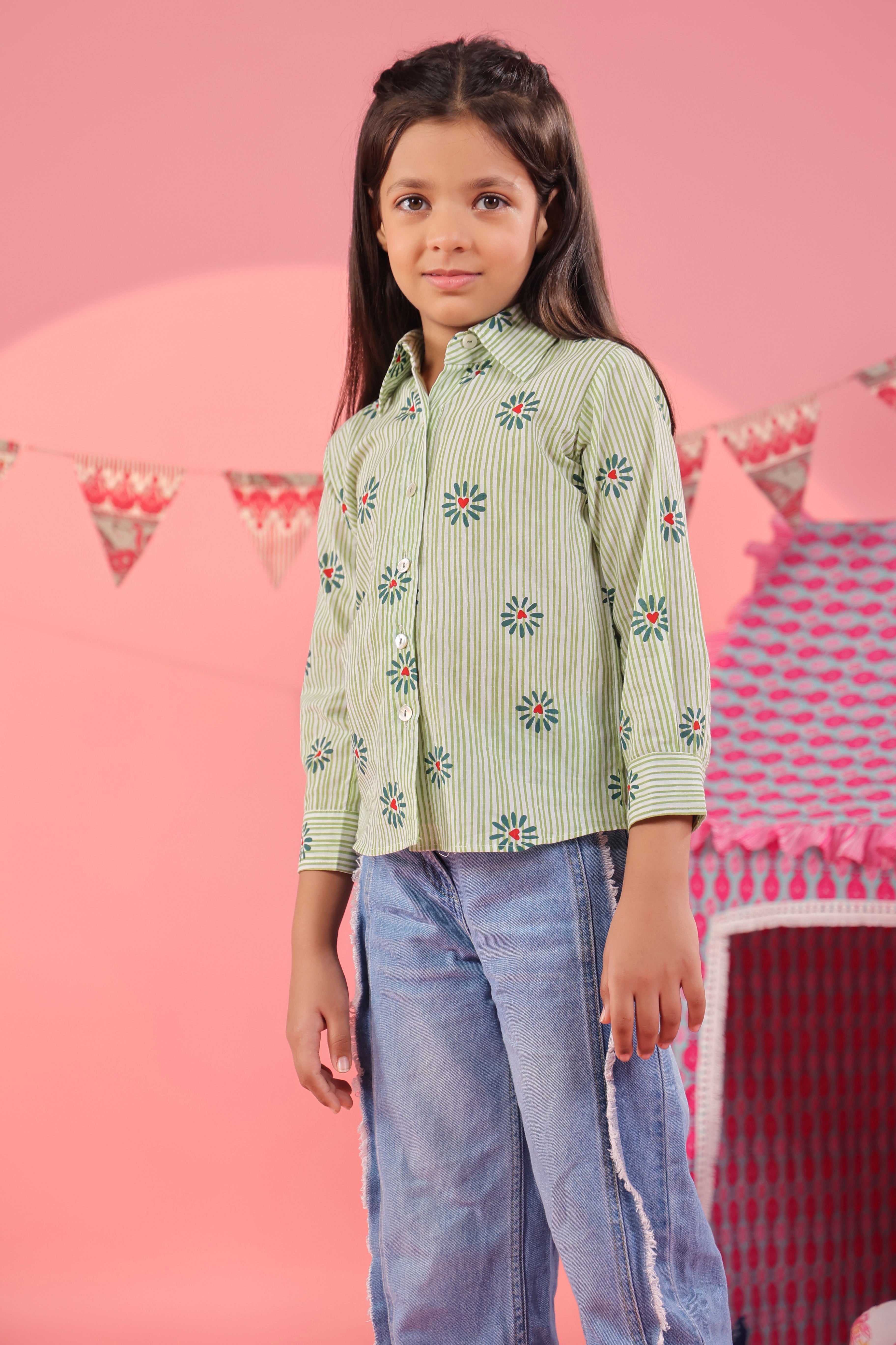 Girls Floral Printed Spread Collar Pure Cotton Shirt