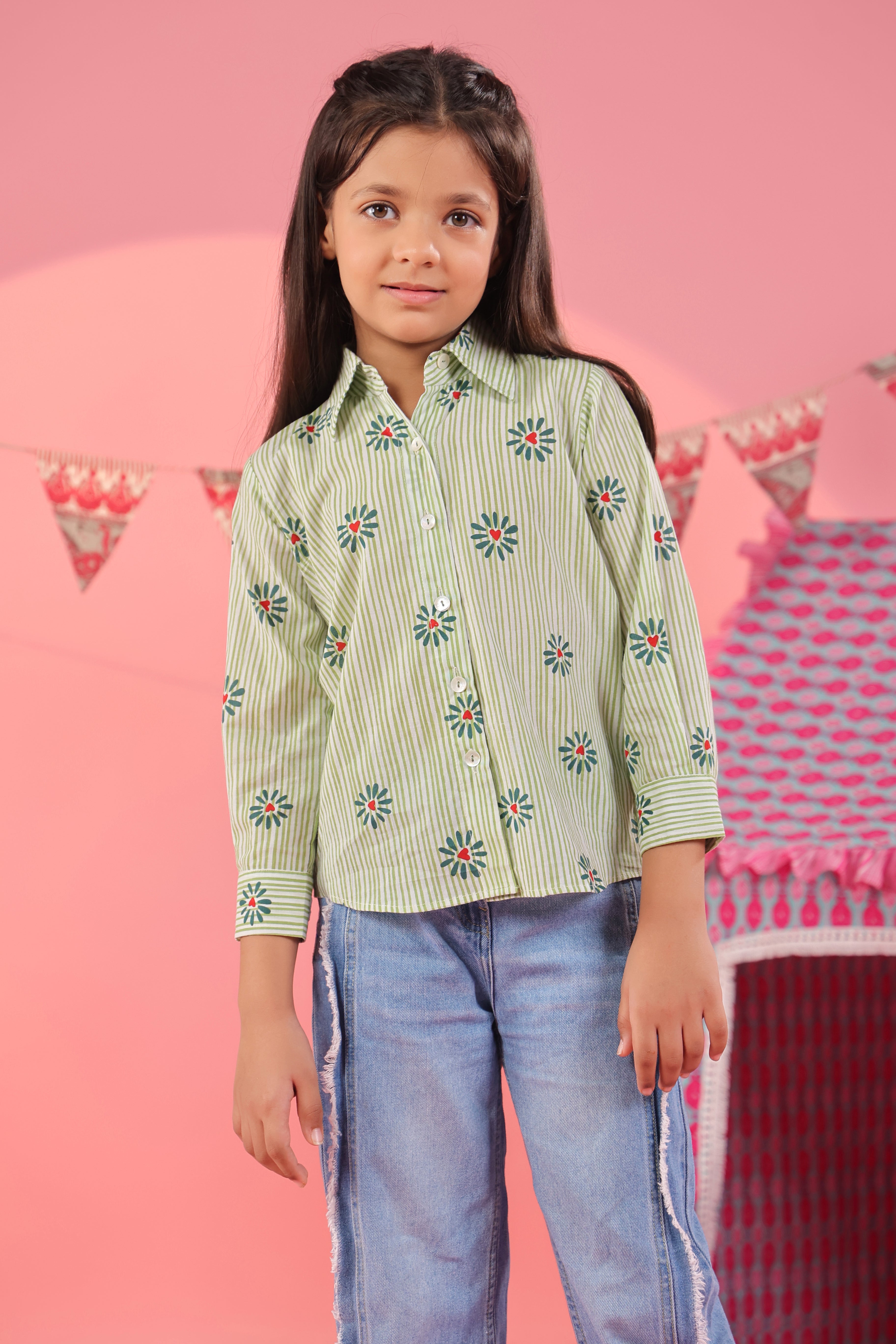 Girls Floral Printed Spread Collar Pure Cotton Shirt