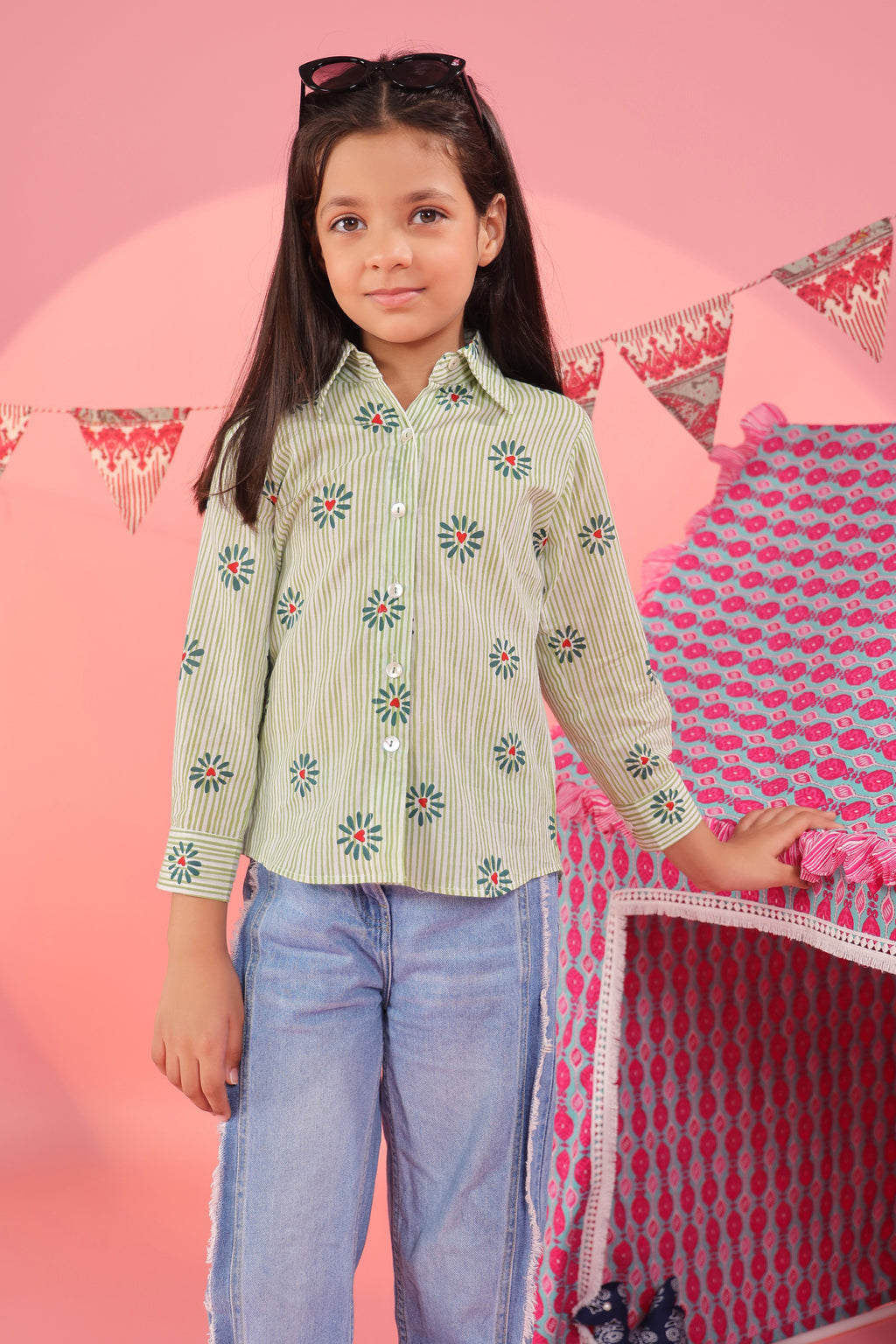 Girls Floral Printed Spread Collar Pure Cotton Shirt