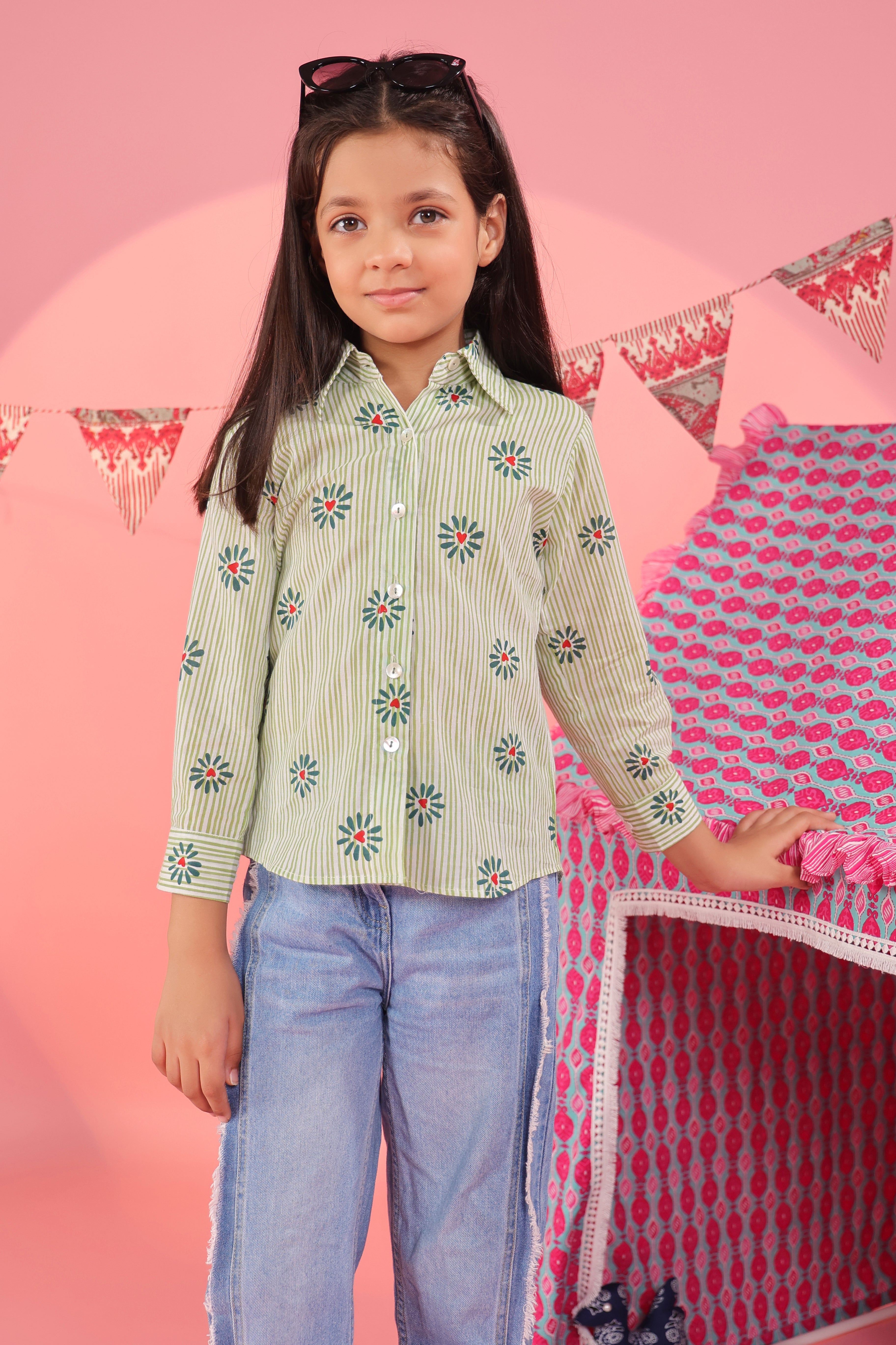 Girls Floral Printed Spread Collar Pure Cotton Shirt