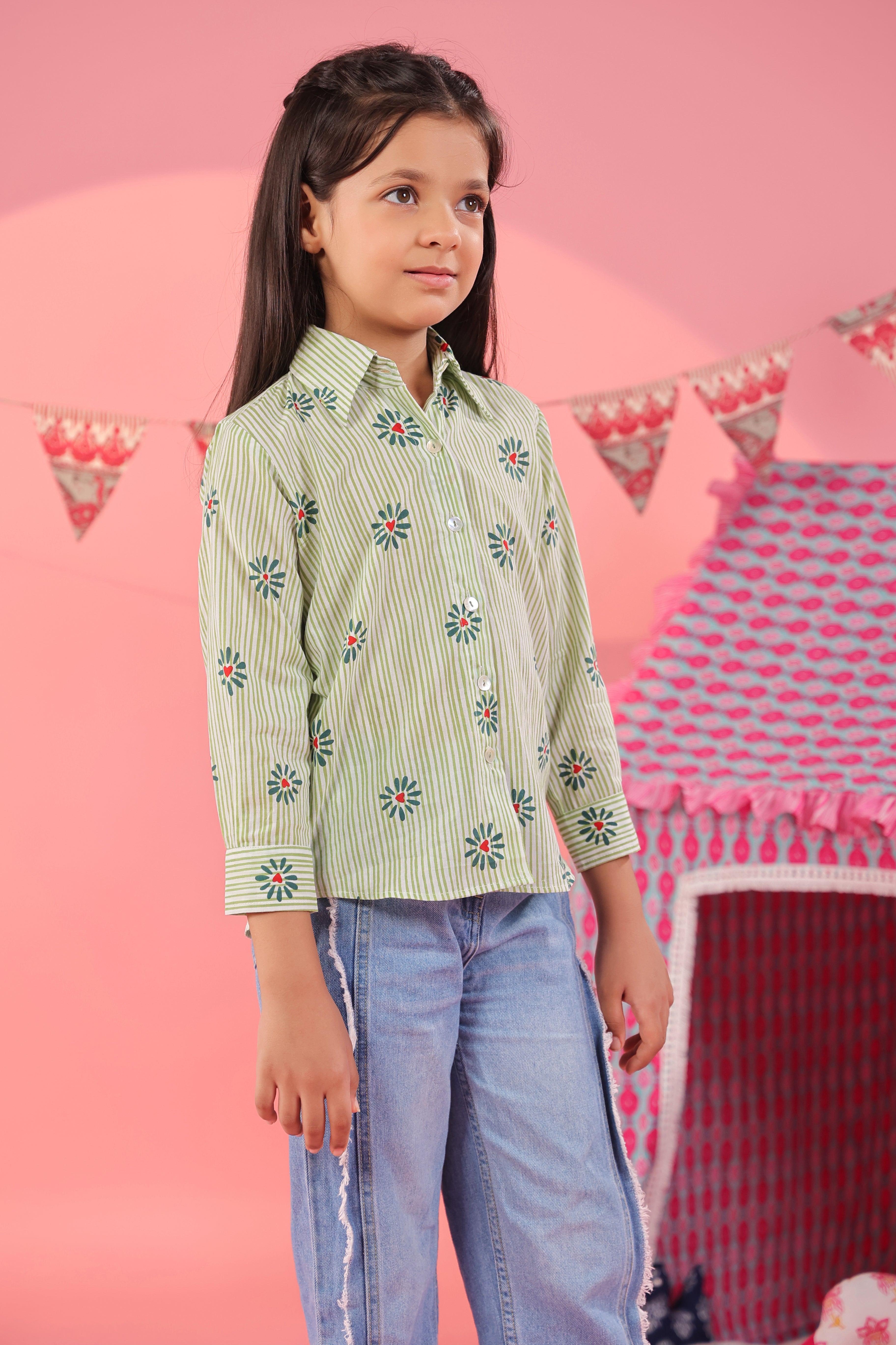 Girls Floral Printed Spread Collar Pure Cotton Shirt