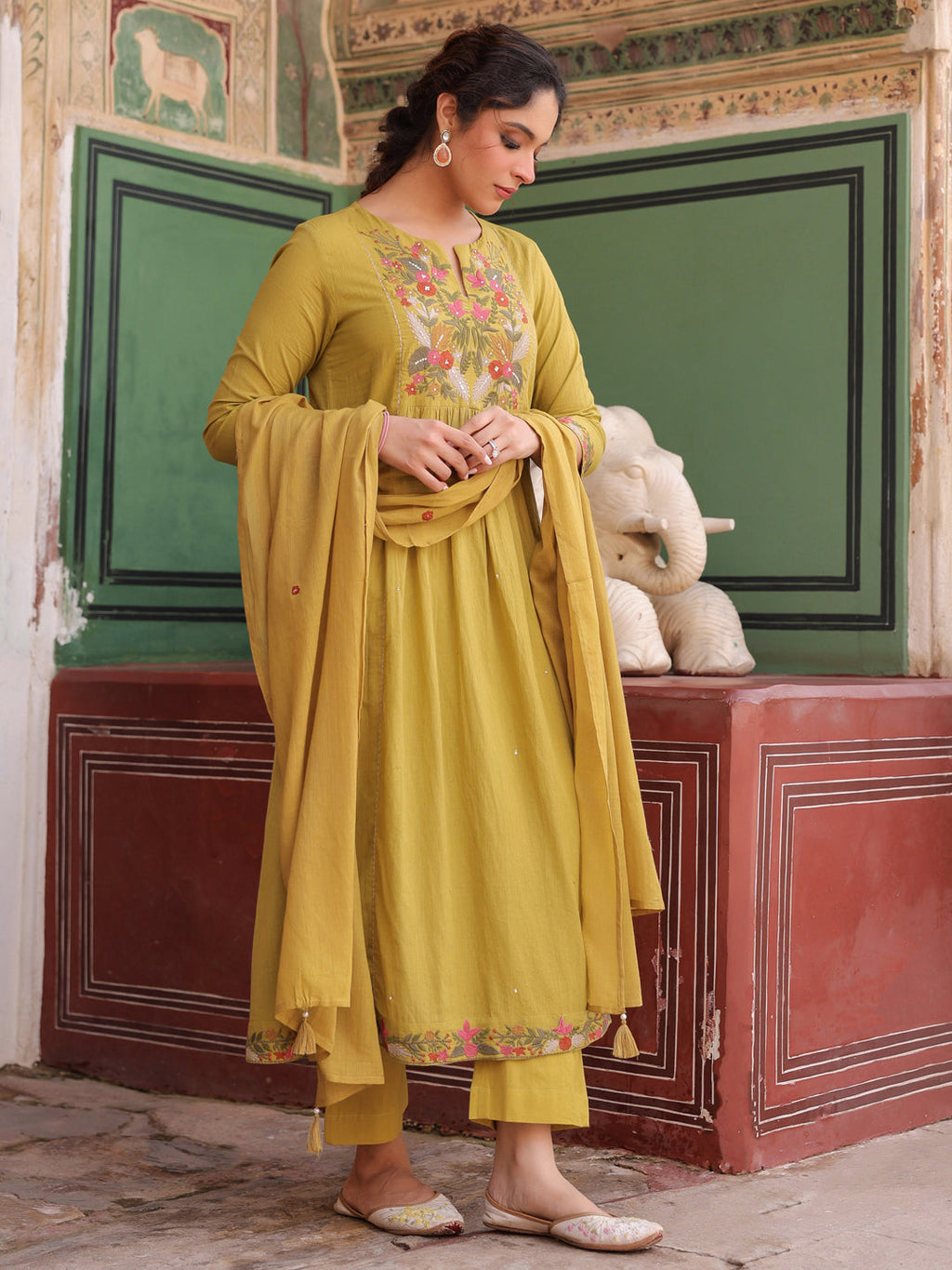 Floral Embroidered Mirror Work Pure Cotton Kurta With Trouser & Dupatta