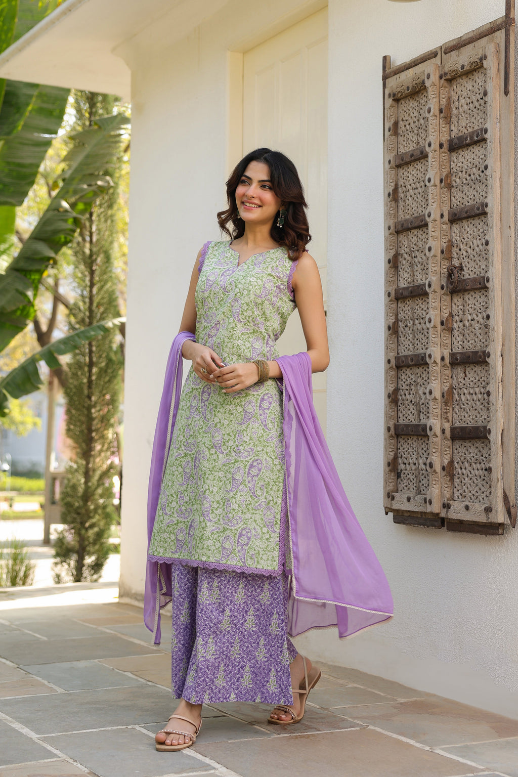 Ethnic Motifs Printed Pure Cotton Kurta with Palazzos & With Dupatta