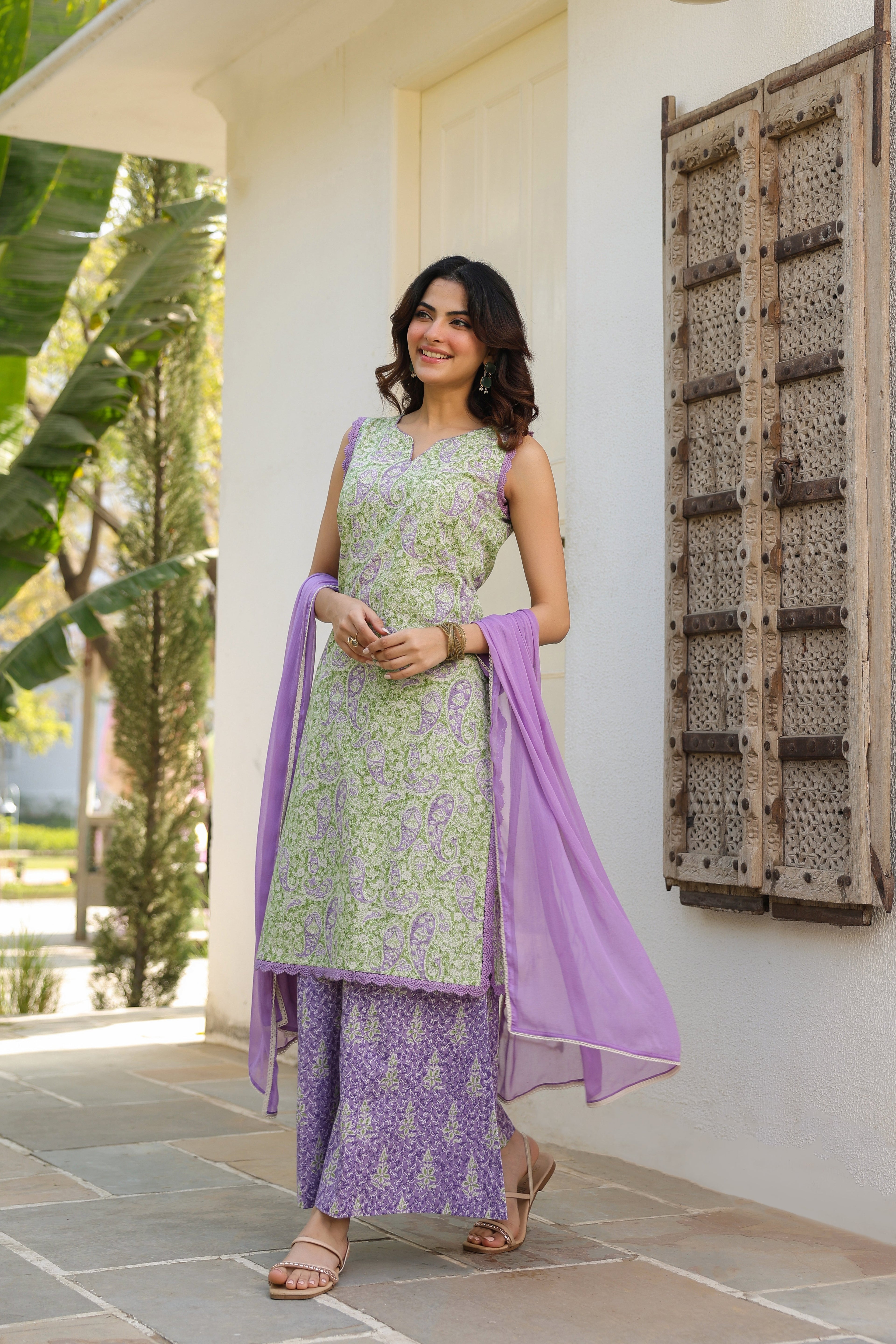 Ethnic Motifs Printed Pure Cotton Kurta with Palazzos & With Dupatta