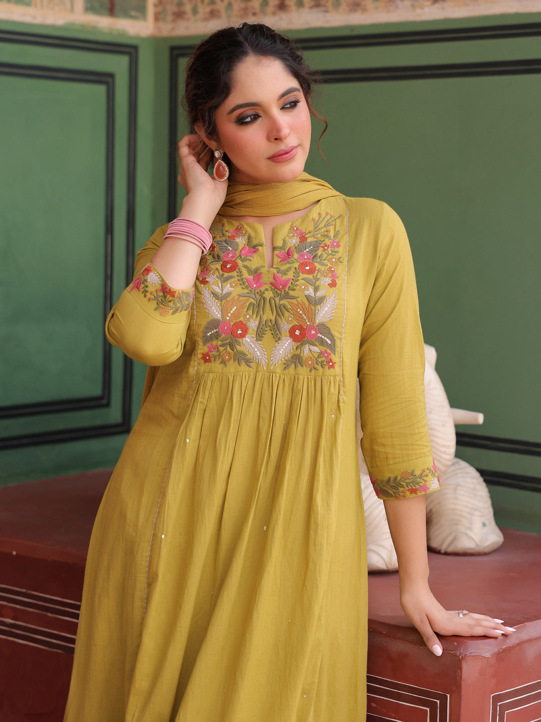 Floral Embroidered Mirror Work Pure Cotton Kurta With Trouser & Dupatta