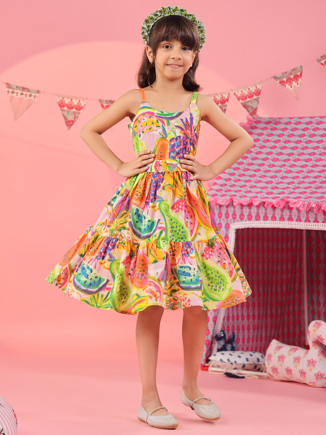 Girls Tropical Printed Sleeveless Cotton Fit and Flare Dress