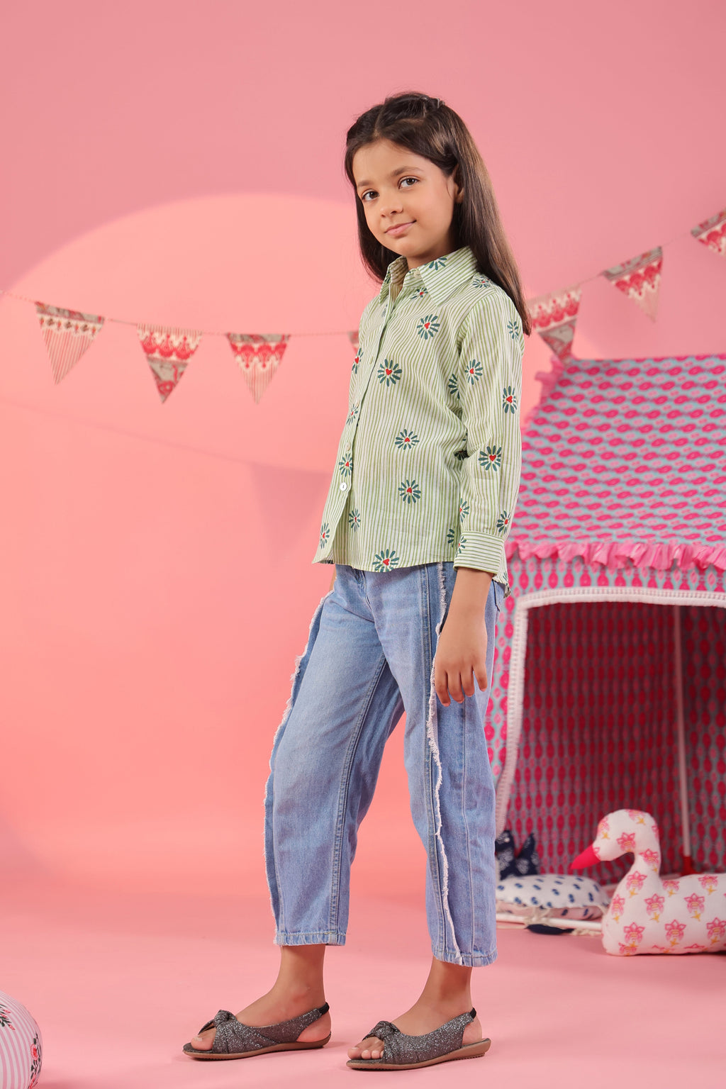 Girls Floral Printed Spread Collar Pure Cotton Shirt