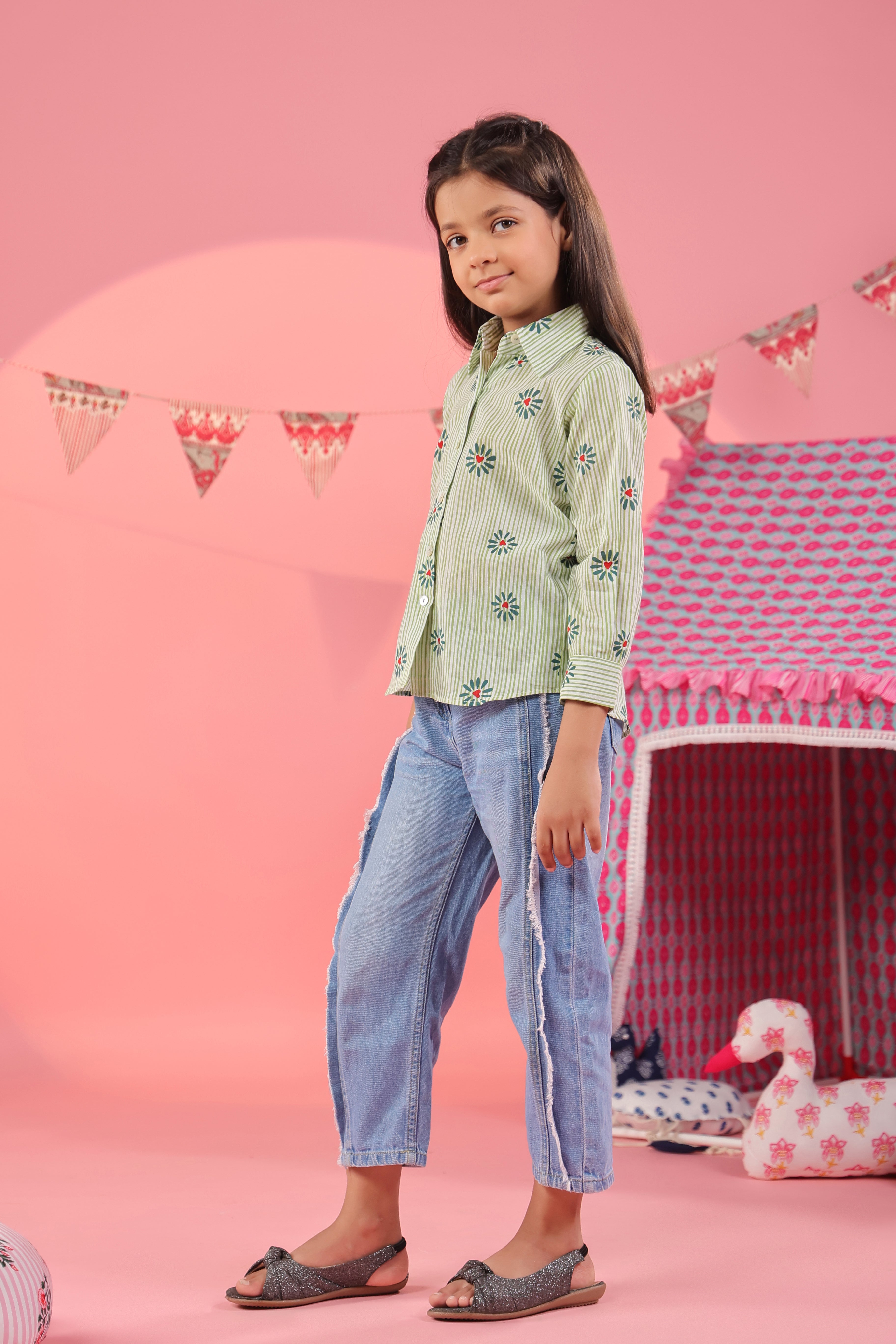 Girls Floral Printed Spread Collar Pure Cotton Shirt