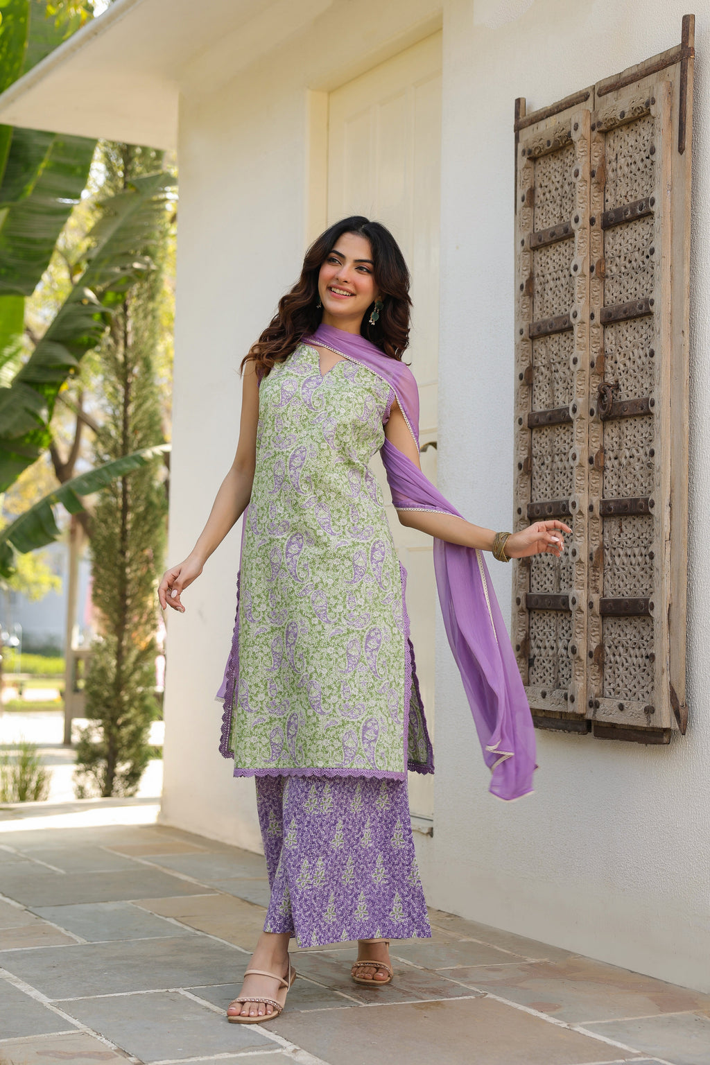 Ethnic Motifs Printed Pure Cotton Kurta with Palazzos & With Dupatta