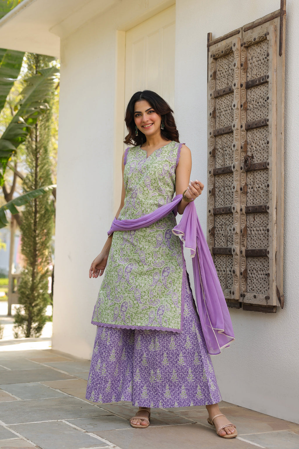 Ethnic Motifs Printed Pure Cotton Kurta with Palazzos & With Dupatta