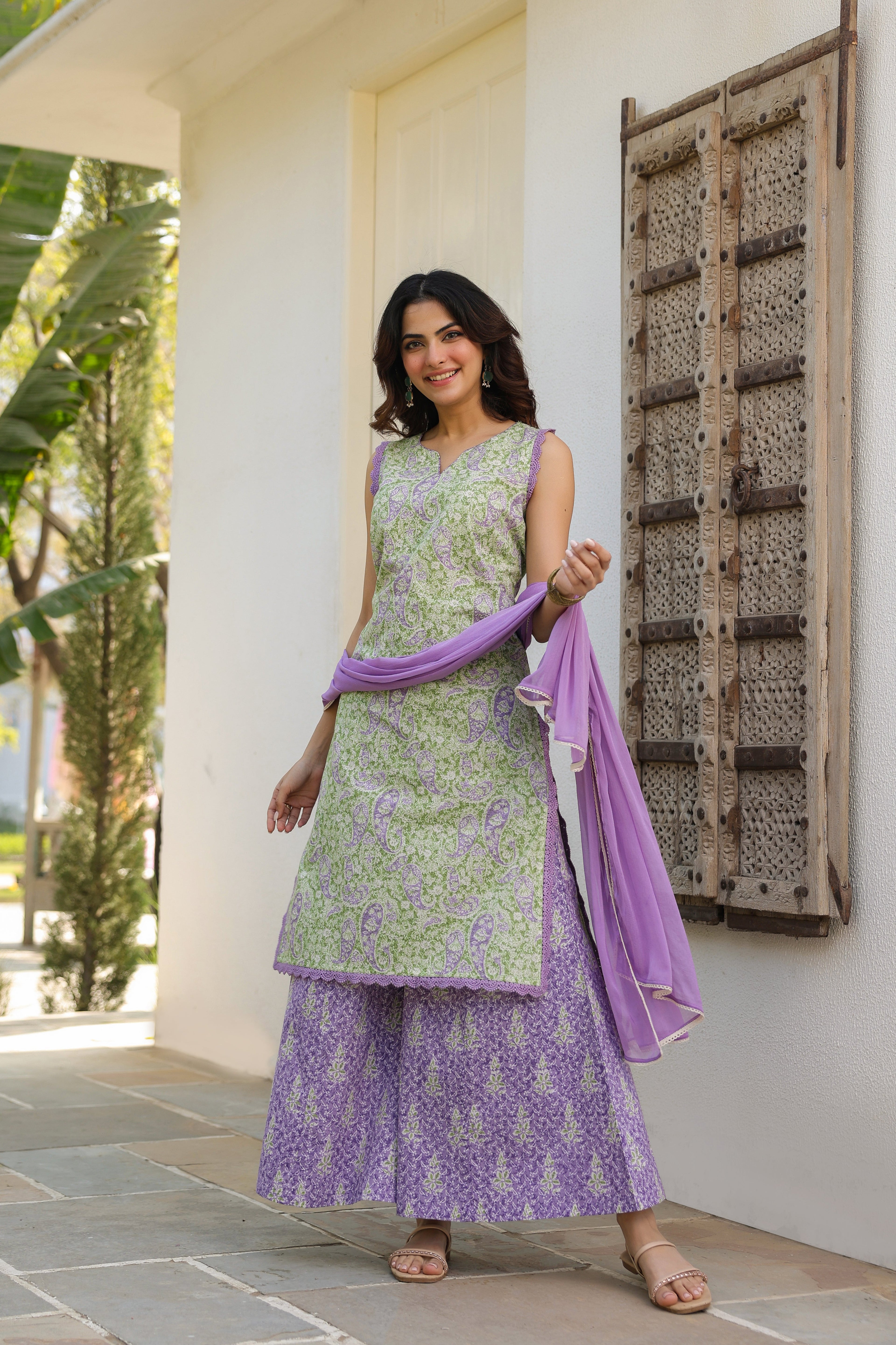 Ethnic Motifs Printed Pure Cotton Kurta with Palazzos & With Dupatta