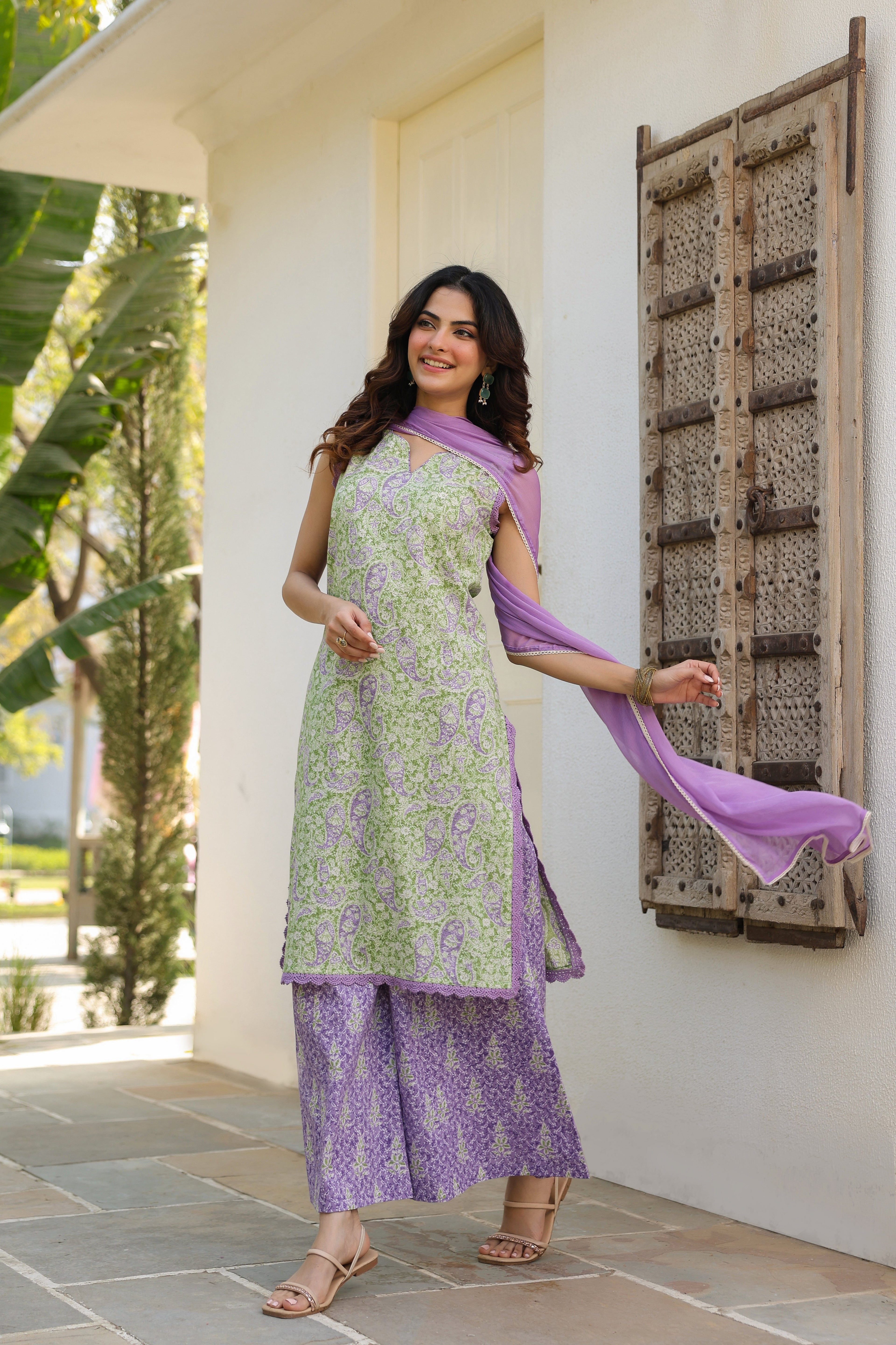 Ethnic Motifs Printed Pure Cotton Kurta with Palazzos & With Dupatta